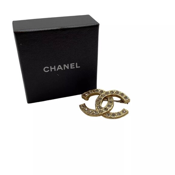 Authentic CHANEL CC Mark Brooch Gold Brass - Picture 1 of 10